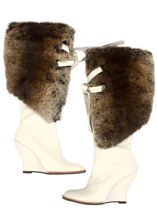 Cream Gucinari Fur Wedge Boots
